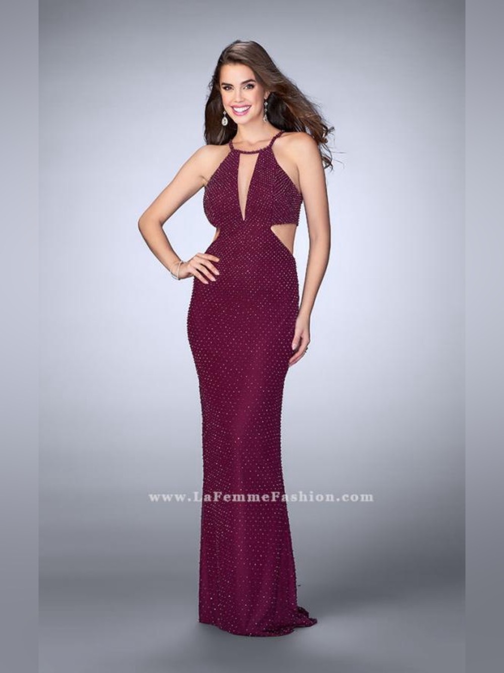 NWT La Femme 23941 Strapy Halter Style Beaded Prom Dress in Garnet Sz 4